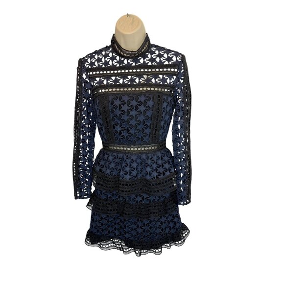 Self Portrait Navy Blue Black High Neck Star Lace Mini Dress - Size XS - Picture 3 of 7